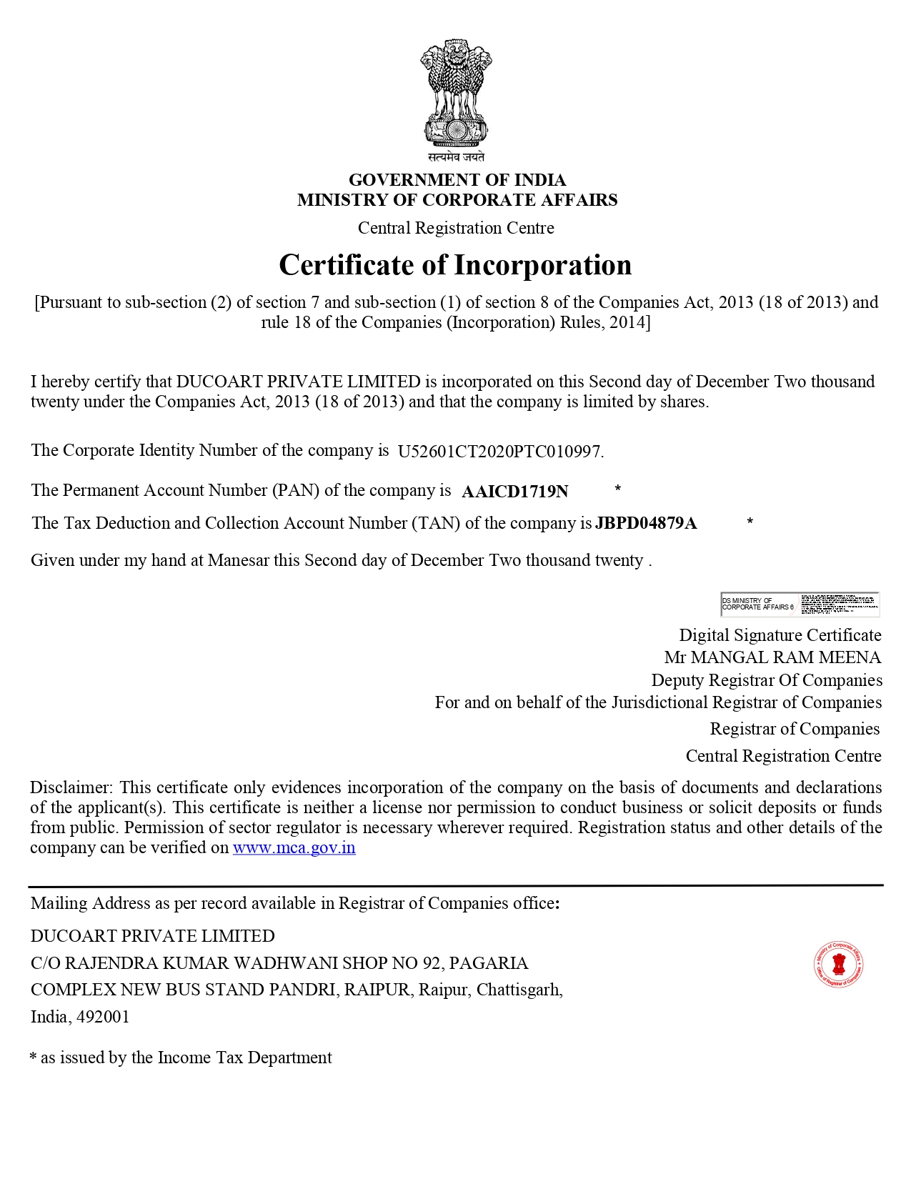 CERTIFICATE OF INCORPORATION